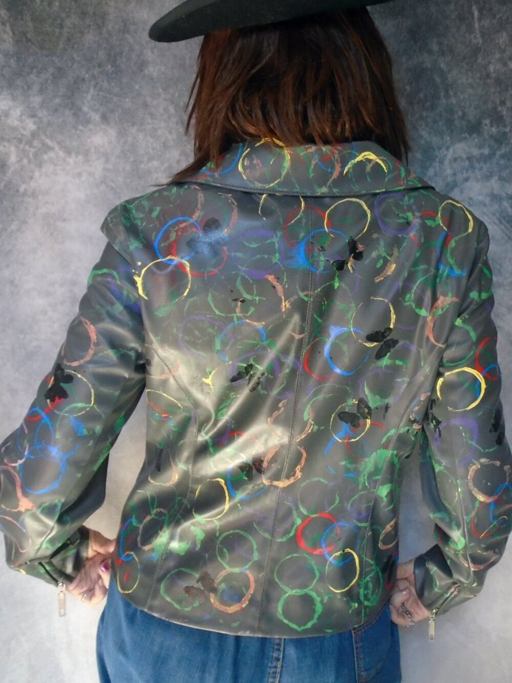 Vegan Leather Jacket with Eclectic Multicolor  Art Hobo Chic Edgy OOAK Unique - Picture 5 of 13
